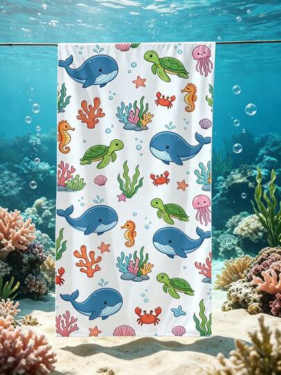 1pc Marine Life Illustration Children's Beach Towel, Super Soft Fiber Extra Large Beach Blanket, Super Absorbent Bath Towel, Suitable For Travel, Swimming Pool, Diving, Surfing, Yoga, Camping, Available In Multiple Sizes, Beach Accessories For Beach, Pool, Travel, Camping, Yoga