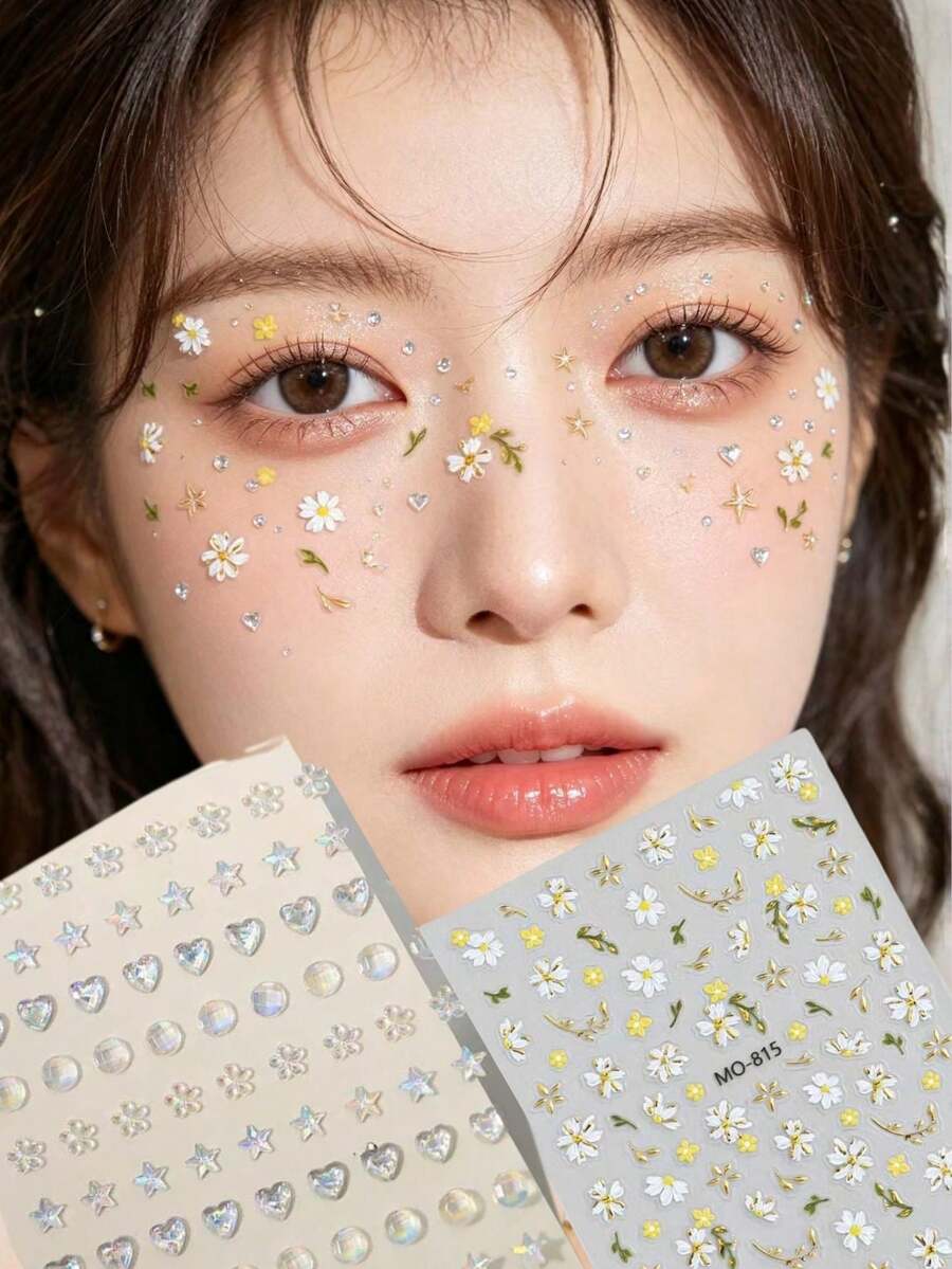 1pc Fresh Daisy Rhinestone Face Sticker, Suitable For Youthful Eye Makeup, Cheek Makeup, Stage Performance, Photoshoot, Music Festival, Versatile Floral Decal,Concert Look,Face Gems - Multicolor - View 1