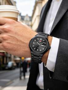 Đồng hồ nam quartz doanh nhân thép không gỉ 43.5mm, đồng hồ thể thao thương hiệu cao cấp, hiển thị ngày & thứ, mặt số sọc dạ quang, chống nước 3bar, quà tặng Valentine - màu đen - Xem 10