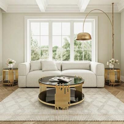 Modern Black Glass Coffee Table, Luxury Living Room Tables With Double Glass Top, Round Coffee Table With Gold Steel Base, Sofa Table With Glass Round Top, Center Table For Living Room / Home / Office