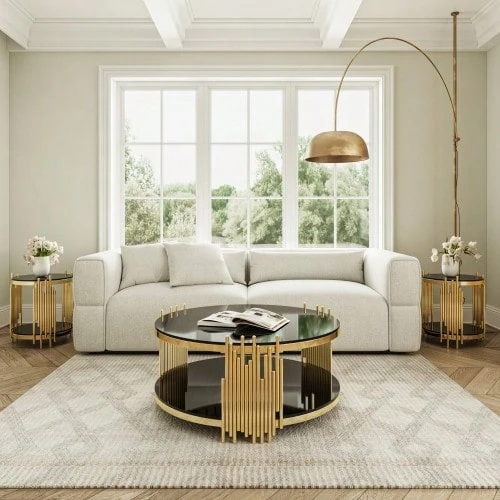 Modern Black Glass Coffee Table, Luxury Living Room Tables With Double Glass Top, Round Coffee Table With Gold Steel Base, Sofa Table With Glass Round Top, Center Table For Living Room / Home / Office - Black - View 1