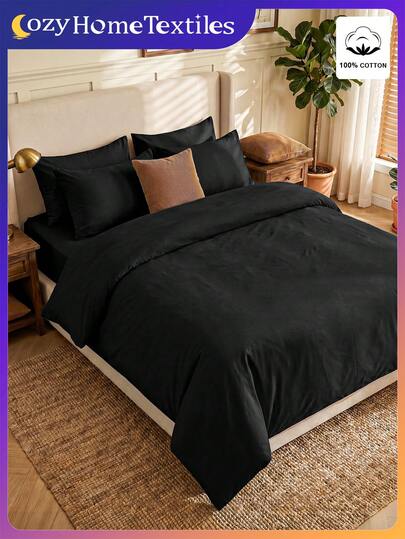 2/3件套纯色被套套装，100%纯棉床上用品套装，柔软透气，亲肤防起球，时尚家纺，卧室装饰，黑色被套套装，包含被套和枕套（小），不含被芯，四季皆宜，可机洗，适用于床、婚礼、卧室、家居装饰，黑色。