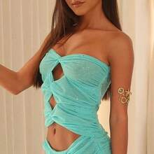 Vestido Maxi Brillante de Malla sin Tirantes con Recortes Y2K - Vestido Ajustado con Aberturas Transparentes y Fruncido para Fiesta - Azul - Ver 2
