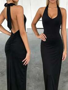 2025年欧美春夏黑色无袖露背性感修身开衩中长连衣裙 - 黑色 - 查看 1