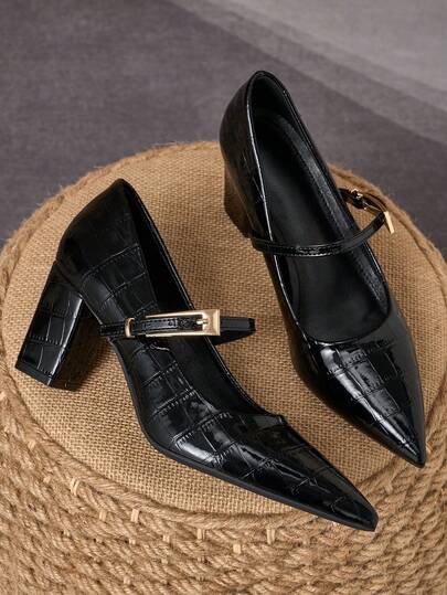 7cm Black Pointed Toe Mary Jane Shoes For Women, Versatile Work High Heels, Suitable For Party, Date, Daily Wear