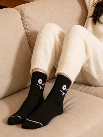 5 đôi tất dài đến bắp chân thoáng khí hình hoạt hình mắt to dễ thương dành cho nữ, tất ống dài mùa hè, tất học sinh.