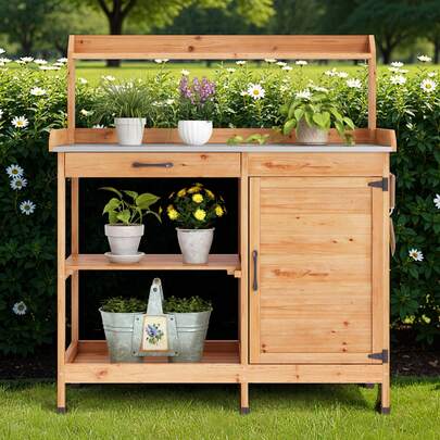 Asofer Mesa de jardín exterior para plantas, banco de trabajo con tablero metálico, cajón, estante abierto, ganchos, ideas para el Día de San Valentín.