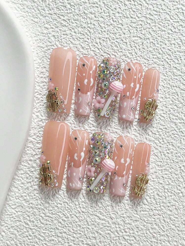10件套甜美少女风手工美甲套装，包含按压式美甲贴片、硬币、棒棒糖、小花朵美甲配件、条纹美甲装饰、粉色指甲油，梦幻少女风，附赠美甲工具（1张果冻贴片+1把指甲锉），三种尺寸可选：杏仁形、鸭子形、棺材形，适合聚会、日常、派对、拍照、玩耍、春夏、通勤等场合。 - 彩色 - 查看 12