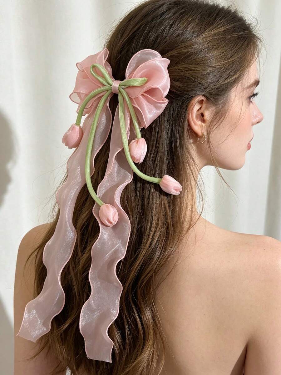 1件女款甜美仙氣大蝴蝶結髮夾,優雅百搭芭蕾風鈴蘭網紗蝴蝶結鱷魚夾髮飾 - 彩色 - 查看 1