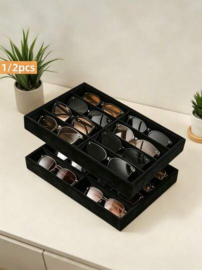 1 pieza Bandeja de almacenamiento de gafas de moda, Caja de almacenamiento de gafas, Organizador de cajones, Caja de exhibición apilable, Disponible en 3 colores, Forro acolchado suave adecuado para aretes, collares, pulseras, anillos, pasadores para el cabello, bandas para el cabello, se ajusta a los cajones estándar