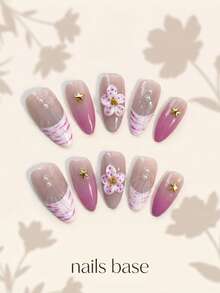 NAILS BASE 10件/組 粉色杏仁形長款法式漸層漸變假指甲，附玫瑰紅花朵，辦公適用的中性亮麗杏仁形甲片，日式手工 P - 彩色 - 查看 3