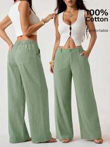 PETITE Pantalones rectos de cintura baja de 100% algodón lavado, pantalones de lino para mujer, pantalones de verano, pantalones anchos de mujer, pantalones de verano, otoño y ropa de otoño para mujer - verde menta - Ver 2