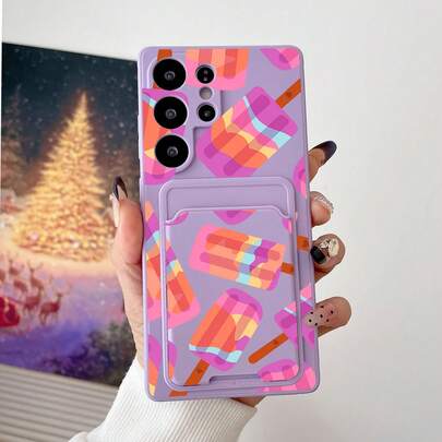 1pc Purple TPU Rainbow & Ice Cream Pattern Summer Dopamine Healing Protective Phone Case And 1pc Purple Rainbow & Ice Cream Pattern Adhesive Card Holder 2-In-1 Fashionable Versatile Creative Personalized Full Coverage Protective Soft Phone Case, Suitable As Gift For Girlfriend/Boyfriend, Best Friend/Sibling, Wife/Husband, Compatible With IPhone/Android