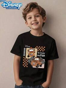1pc Teen Boys Disney Cars Tow Mater Checkered Flag Print Short Sleeve Tshirt Boys Clothes Kids Clothes Boys Shirts Summer - 黑色 - 查看 1