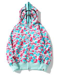 BAPE Pastel Camo Shark Full Zip Hoodie - Pink & Mint Colorway | Unisex Streetwear Jacket - Pink & Mint Camo - 查看 1