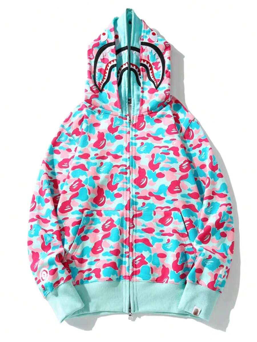 BAPE Pastel Camo Shark Full Zip Hoodie - Pink & Mint Colorway | Unisex Streetwear Jacket - Pink & Mint Camo - 查看 1