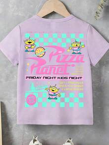 Disney-Sweet Girl Vibe! Toy Story 3 E.T. Pizza Planet Girls T-Shirt With Pink And Green Color-Blocked Checkered Print, Pure Cotton Loose Short-Sleeved Top - 淡紫色 - 查看 2
