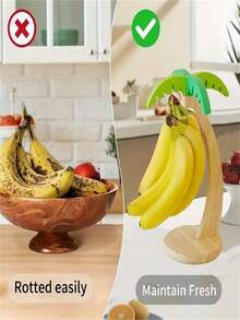 1pc Wooden Banana Holder Rack, Home Storage Organizer For Living Room, Fruit Display Shelf (With Artificial Leaves), Vertical Fruit Rack, Multi-Function Rack With Stainless Steel Hook, Banana Shaped Rack - Yellow - View 3