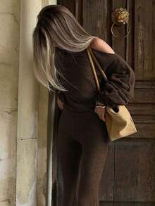 Women's Casual Long Sleeve Top And Flare Pants Two Pieces Set, Street Style For Daily Wear, Spring/Summer Black - Brown - View 9