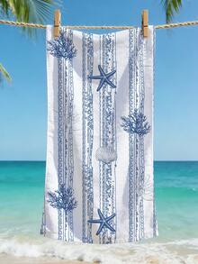 1pc Ocean Themed Beach Towel, Blue & White Striped With Starfish & Shell Print, Quick Dry Absorbent Towel For Beach, Pool, Travel - Striped Ocean Shell - View 1