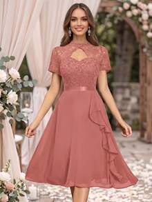 MIUSOL Đầm cocktail dáng xòe cổ cao, chất liệu chiffon, ren hoa, ren, xếp ly, thích hợp cho mùa hè. - Bụi hồng - Xem 5
