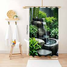 Cortina de ducha elegante con diseño de fuente de jardín, 2D, diseño de cascada y bambú, poliéster duradero, lavable a máquina, con ganchos, decoración artística para el hogar, temática de baño sereno, tela de fácil mantenimiento. - color1 - Ver 15
