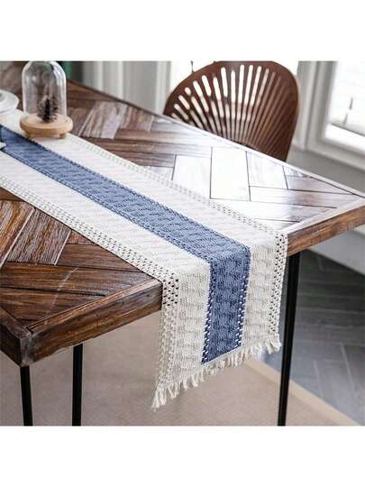 1pc Luxury Elegant Premium Cotton Linen Rustic Boho Embroidered Tassel Decorative Dining Table Runner For Home