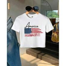 Womens Sexy Slim Fit American Flag T-Shirt| Patriotic Usa Graphic Tee In Green With Red & Blue Accents, Machine Washable, Casual Short Sleeve Top For Fourth Of July, Everyday Outfits & Themed Events, Comfortable Fabric,  Holiday Apparel - 白色 - 查看 1