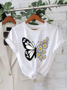 Camiseta Oversize Blanca Mariposa con Flores de Manzanilla para Verano - Blanco - Ver 2