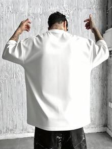 男士圓領落肩長袖休閒寬鬆版型T恤 - 白色 - 查看 1