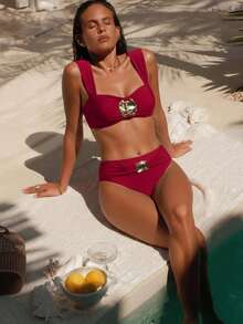 2026 Summer Elegant Metal Hardware Decor Women's Solid Color Backless Bandeau Ruched Design High Waist Bikini Set Vacation Beach - Red - View 1