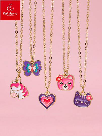 Set de 5 collares con colgantes de aleación de zinc esmaltados con elementos de unicornio, elefante, nube, mariposa y corazón, en estilo lindo y de dibujos animados, adecuado para uso diario, regalo y vacaciones