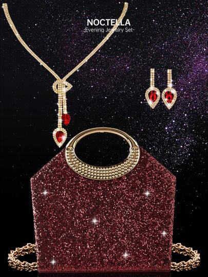 Noctella Shiny And Fashionable Sequin Evening Handbag, New Luxury Party Shoulder Bag With Detachable Metal Chain, Paired With An Exquisite And Luxurious 2 Pieces Jewellery Set Of Necklace And Earrings, Suitable For Weddings, Dinners And Parties, Can Be Matched With Prom Dresses, Party Dresses, Evening Gowns And Wedding Dresses, A Perfect Accessory For Attending A Prom