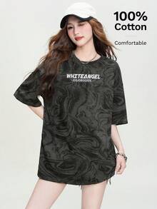 JUTU English Graphic All-Over Print Short Sleeve Round Neck Loose Knit Heather Grey Women Top, Elegant For Party, Summer, Valentine's Day Casual - 0A66  Gray - KJ0221 - View 2