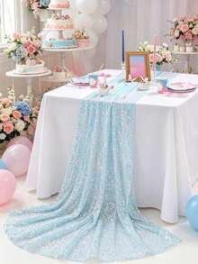 1pc Blue Mermaid Sequin Table Runner, Mermaid Theme Party Tablecloth, Polyester Rectangular Glitter Table Runner, Holiday Birthday Wedding Party Decor Tablecloth, Bridal Shower/Bachelorette Party Supplies Tablecloth, Dining Table/Party Table Decor Tableskirt, Home Decor Table Cloth Set, Party Gifts Birthday Wedding Decorations - Blue - View 5