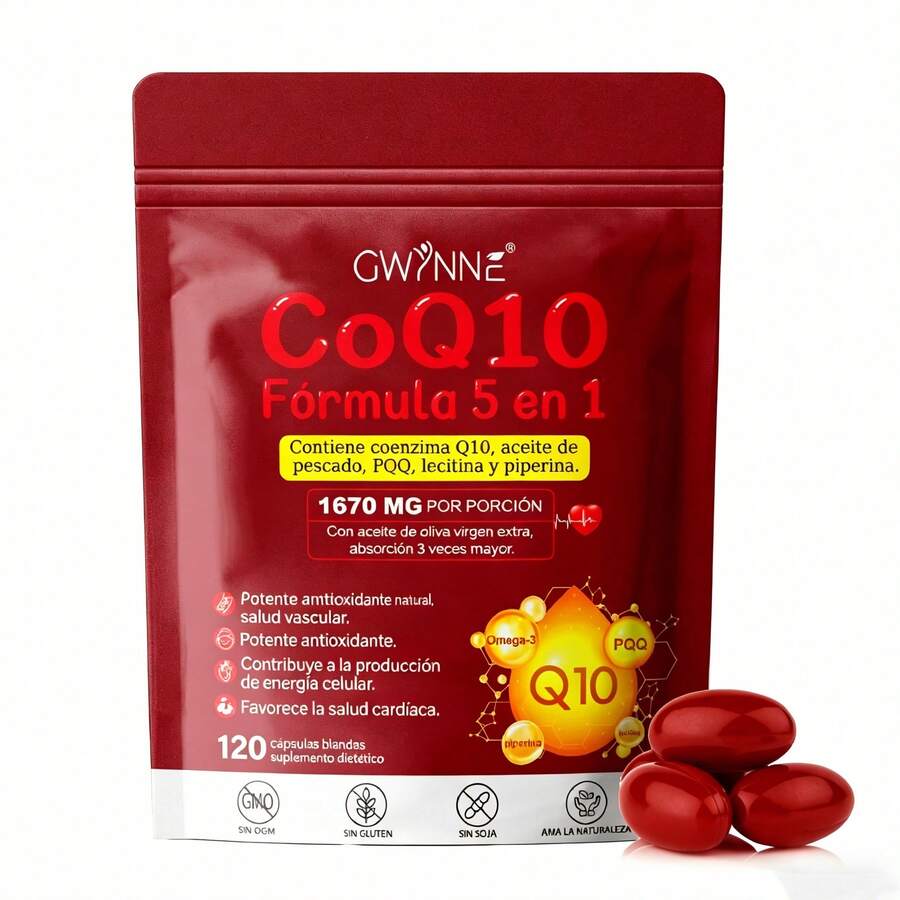 Gwynne Coq10 Cápsulas,120 Cápsulas,con Pqq,400 Mg Coq10 Y 1200 Mg Omega-3,salud Cerebral Y Cardíaca, Hígado,hueso Y Apoyo Antioxidante - 1 pieza - Ver 1