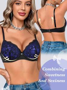 Women Lace Padded Push Up Bra - Comfortable Supportive, Adjustable Straps - Violet Purple - View 2