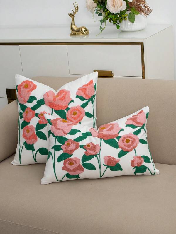 1pc Rose Floral Tufted Embroidery Pillow Covers, Soft Linen Boho Fresh Flower Cushion Case, Decorative Throw Pillowcases For Living Room Sofa Bedroom Home Decor, 17.72*17.72 Inch (45*45cm) & 11.81*19.69 Inch (30*50cm), No Pillow Insert