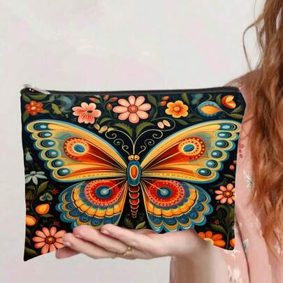 波西米亚曼陀罗蝴蝶印花化妆包，充满活力的民间艺术主题便携式拉链收纳袋