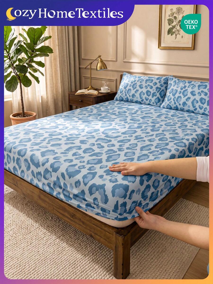 1 pieza Sábana ajustable con estampado de leopardo azul, se ajusta a colchones de 9" a 12" de profundidad, suave, libre de arrugas, transpirable y cómoda, apta para todos los tamaños de cama incluyendo individual, doble, queen, king y california king, lavable a máquina. Ideal para el hogar y dormitorio, decoración de dormitorio, ropa de cama, ropa de cama mullida, regalo para mujer, sábanas de cama california king, certificado Oeko-Tex.