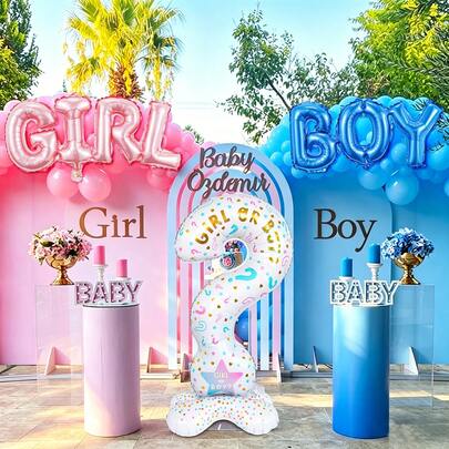 3件套问号气球套装，包含一个问号铝箔气球、一个相连的“BOY”和“GIRL”铝箔气球，适用于生日派对装饰、性别揭晓派对、洗礼、派对装饰、拍照道具、女孩生日装饰、男孩生日装饰