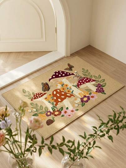 1pc Rug/Carpet/Bath Mat/Door Mat, European And American Luxury Pastoral Style - Colorful Mushroom, Floral And Butterfly Pattern, Suitable For Entryway, Bathroom, Kitchen, Corridor, Bedside, Living Room, Bedroom, Machine Washable Soft Carpet, Aesthetic Home Decor