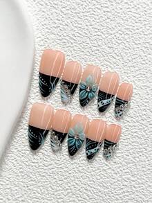 10Pcs Cool Edgy Style Handmade Nail Art Set,Unghie Press On,Sparkling Diamond Nail Art Accessories,Hand Pinched Five Petal Flower Nail Art Decorations,Blue And Black Nail Polish,Refined Style,Comes With Nail Tools(1 Sheets Jelly Stickers+1PC Nail File)3 Sizes Available,Almond Nails, Duck Nails,Coffin Nails,Suitable For Reunion,Daily,Party,Photograph,Play,Spring Summer,Commute Supplies Nails - 彩色 - 查看 15