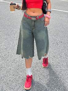 Casual Loose Frayed Hem Wide Leg Jeans - Light Wash - View 7