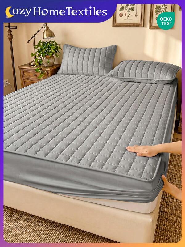 1 Set Gray Solid Waterproof Bedding, Including Fitted Sheet & Waterproof Mattress Protector, Soft & Comfortable, Skin-Friendly, Dust & Moisture Proof, Fitted Sheet With Curved Grid Pattern, Suitable For Twin, Full, Queen, King Size Beds, Multiple Sizes Available.