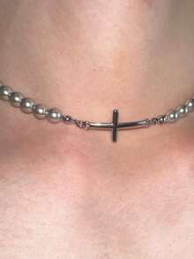 1件简约时尚Y2K甜美十字架珍珠叠层项链，适合日常佩戴和节日装扮 - 彩色 - 查看 3