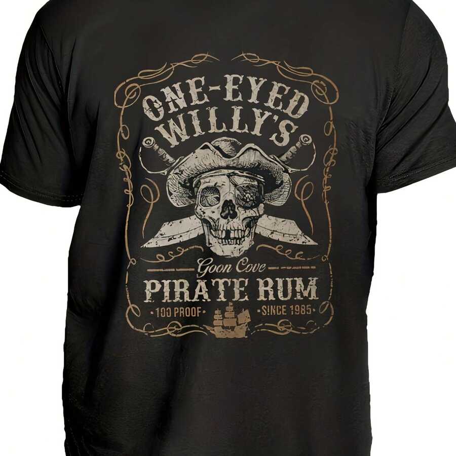 ONE-EYED WILLY'S Pirate Rum Graphic Plus Size T-Shirt - Vintage Style Black Tee With Skull And Crossed Swords Retro Inspired Design For Pirate Lovers - Ideal For Halloween Costume Parties And - 黑色 - 查看 1