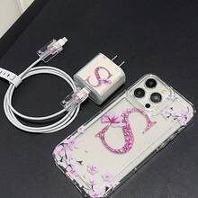 5-In-1 Flower & Letter S Pattern Protective Case Set: Phone Case + Charger Head Cover + Cable Protector + Storage Cord, TPU Shockproof Full Coverage Phone Case Compatible With Apple 16, 15, 14, 13, 12, 11 Pro Max - Clear - View 5