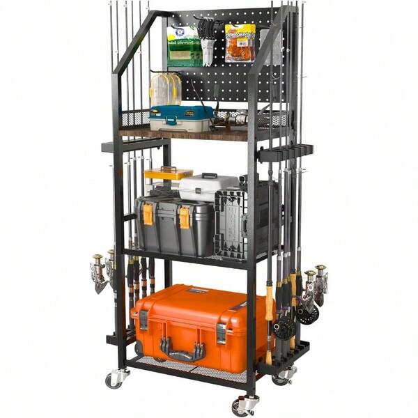 Fishing Rod Holders Garage, Fishing Pole Holders Up To 12 Rods With Pegboard And Hooks, Rolling Fishing Cart With Wheels, Fishing Gear Storage Tackle Box Reel Organization