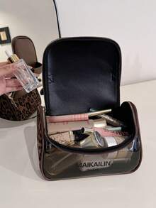 Bolsa de cosméticos con estampado de leopardo retro y parches, bolsa de aseo impermeable y transparente. Diseño de parches de estampado de leopardo de terciopelo + piel, combinado con PVC transparente impermeable y resistente al desgaste con cremallera doble, puede almacenar productos de cuidado de la piel y cosméticos, adecuado para almacenamiento diario y viajes de corta distancia, ligero y portátil. - Café - Ver 4